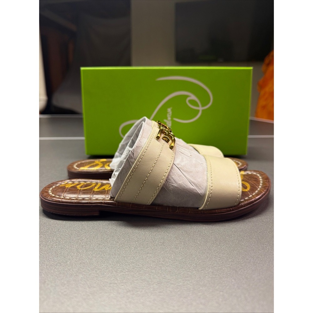 Sam Edelman Adaley Ivory Leather Double Strap Slide Sandals Gold Hardware NIB - Picture 3 of 6